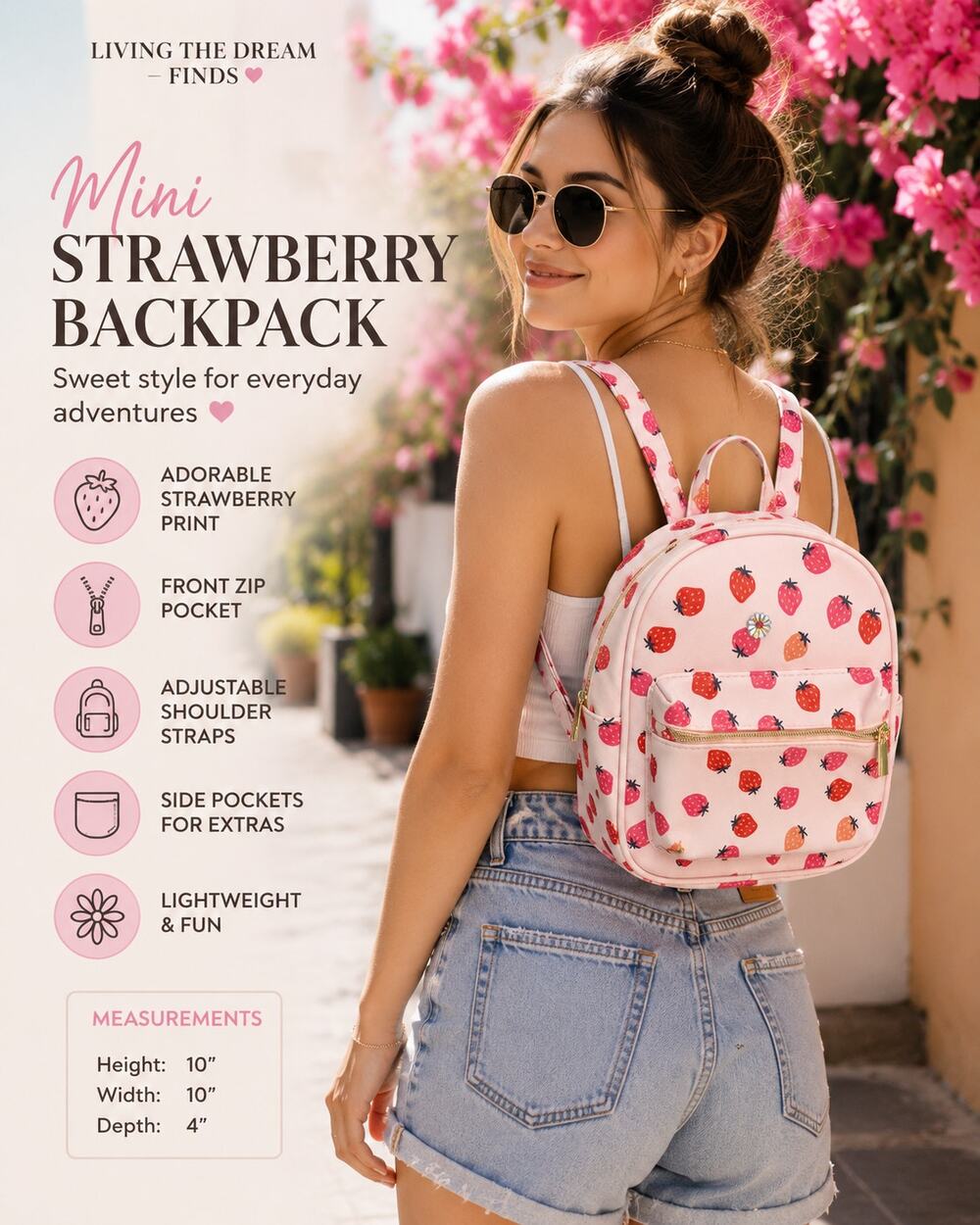 Mini Strawberry Print Backpack Purse Pink Faux Leather